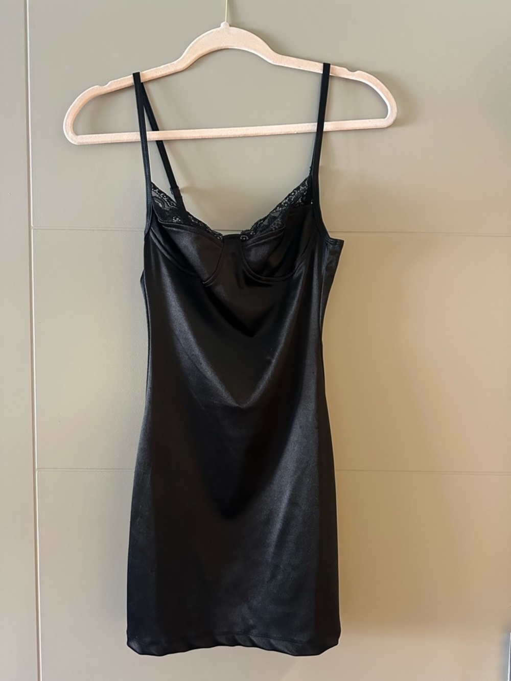 Motel Black Satin Slip Dress with Lace Trim size S